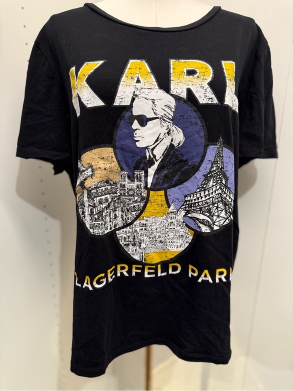 Karl Lagerfeld Black Graphic Tee with Yellow and Purple Accents